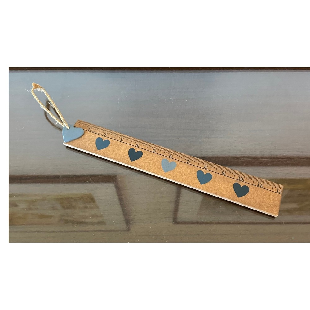 Primitive Wooden Heart Ruler Wall Decor 12 Inch Blue Gray Hearts Twine Hanger